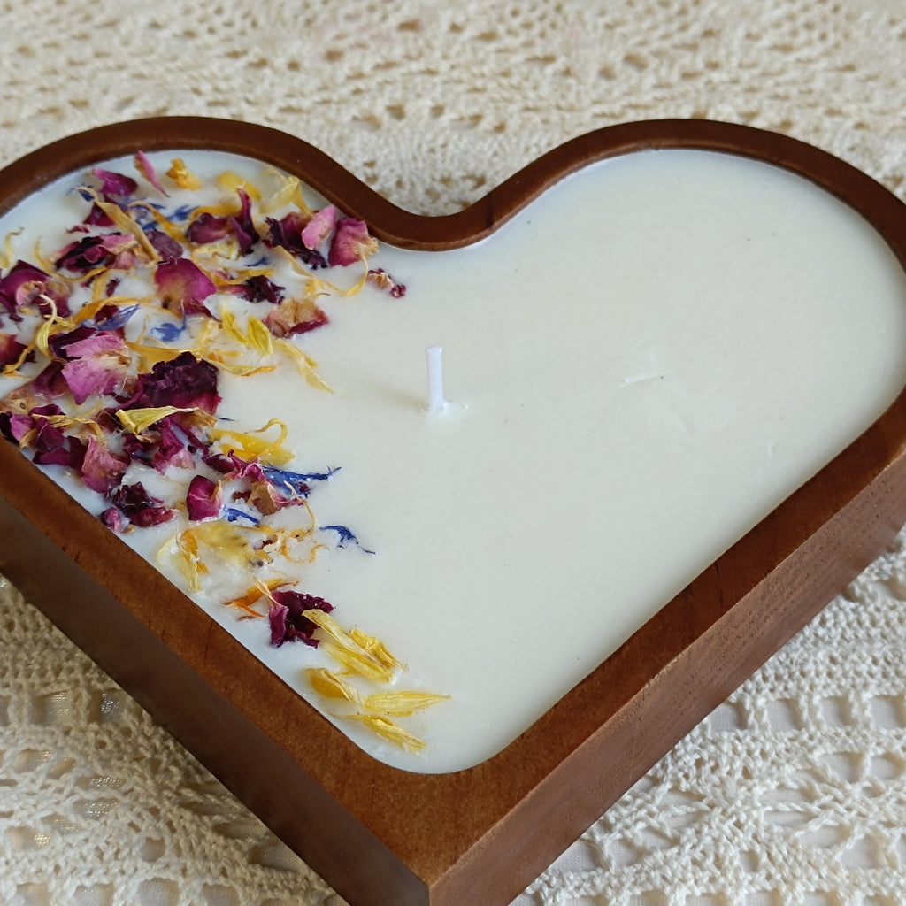 Heart Shaped Dough Wooden Bowl Candle with Dried Rose Hand-Poured Soy Wax / Farmhouse décor / Anniversary | Mothers Day Gift for Her
