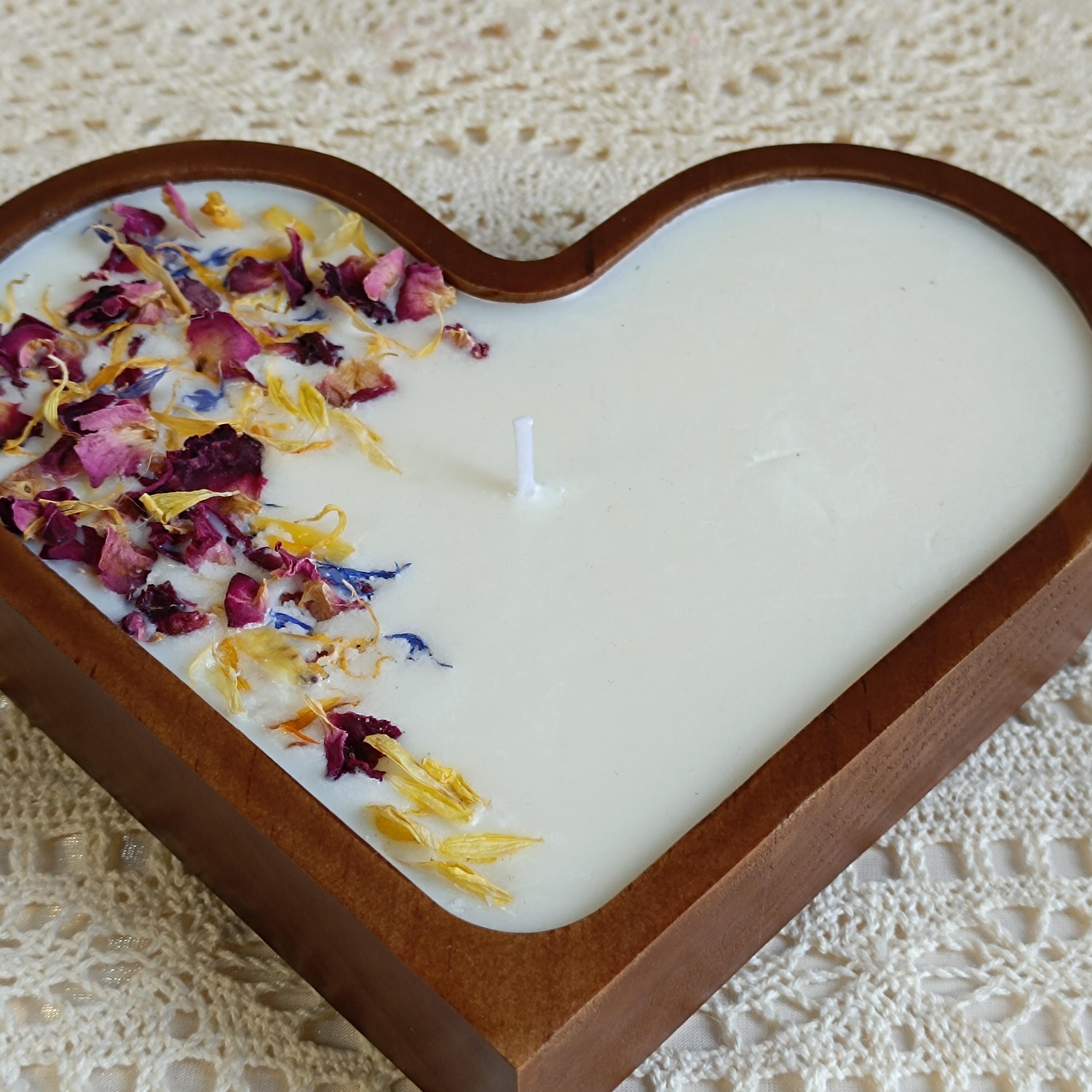 Heart Shaped Dough Wooden Bowl Candle with Dried Rose Hand-Poured Soy Wax / Farmhouse décor / Anniversary | Mothers Day Gift for Her
