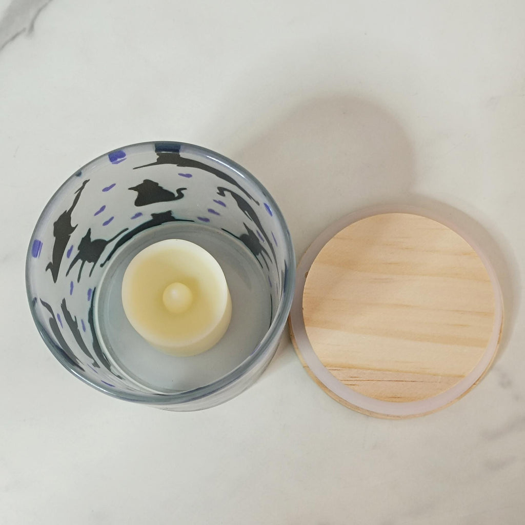 Cat Silhouette Frosted Glass Night Light | Bamboo Lid Tea Lamp | Flameless Tea Light Candles | Pet Lover's Decor Home Decor