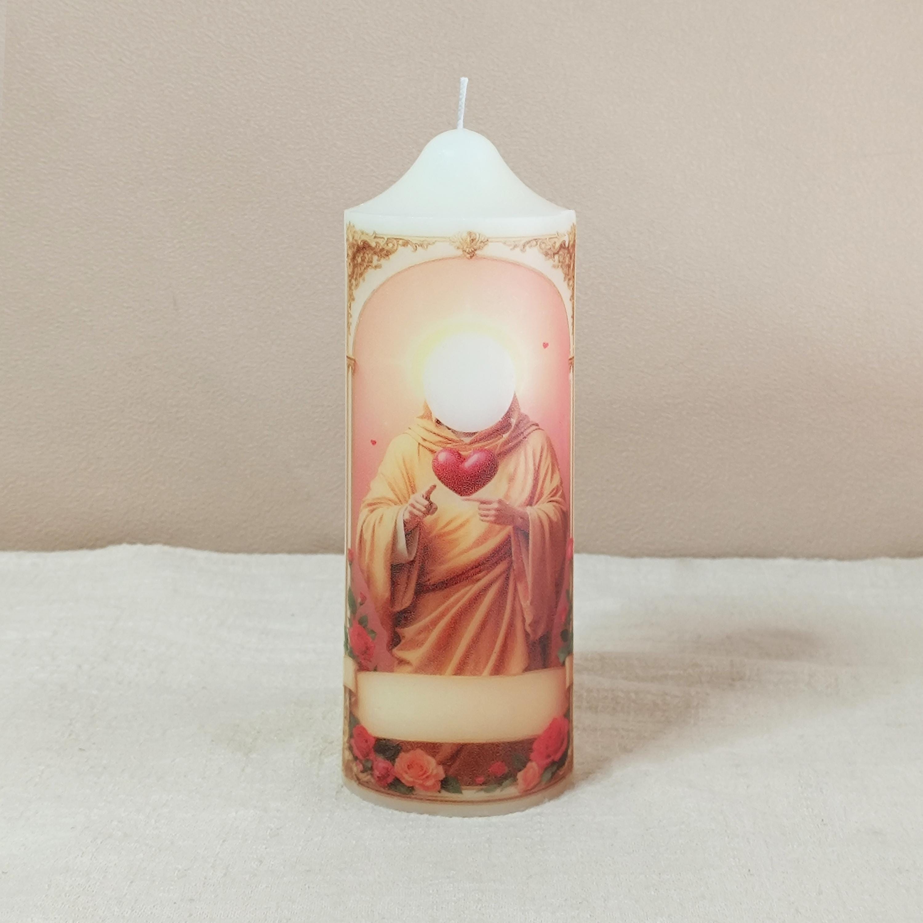 Personalized Prayer Candle: Custom Saint Memorial, Handmade Pillar Candle