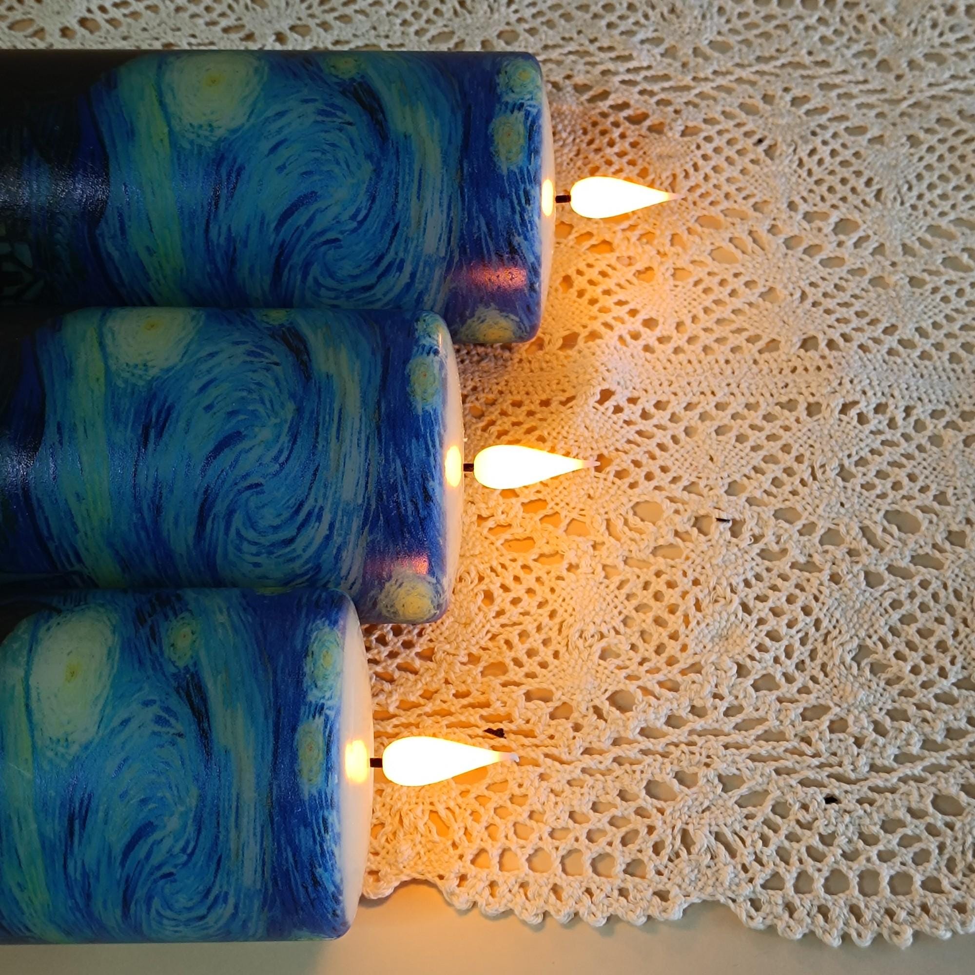 Van Gogh Starry Night Flameless Candles Set of 3,Real Wax Remote Control&Timer LED Candle,Battery Operated Pillar Candles for Christmas Gift