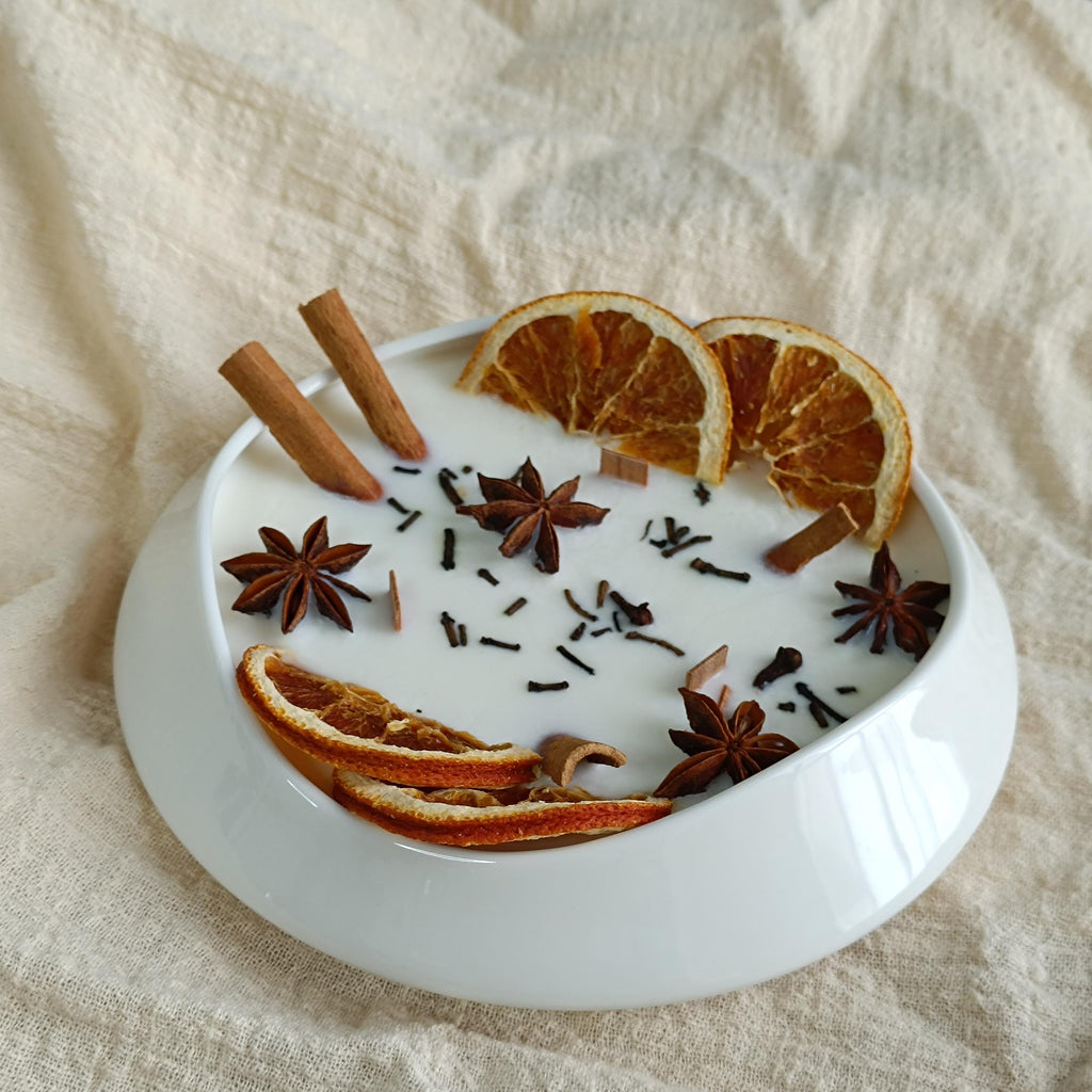 Cinnamon Orange Spice White Ceramics Bowl Candle, Wood Wick Soy Scent Candle Fall Decor, Halloween Witches Candle Christmas Gift for Her