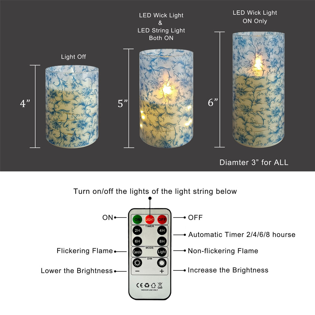 Blue Flower Flameless Candles,LED Pillar Candlestick,Remote LED Candle Sticks,Home Decor,Valentine's Day with Remote and Timer
