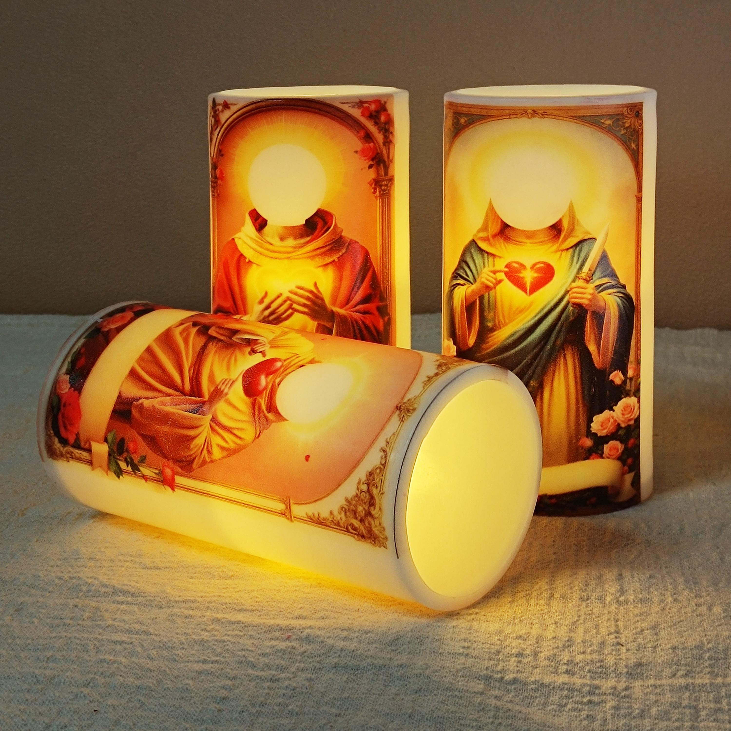 Personalized Saint Flameless LED Candle: Custom Prayer Votive with Remote