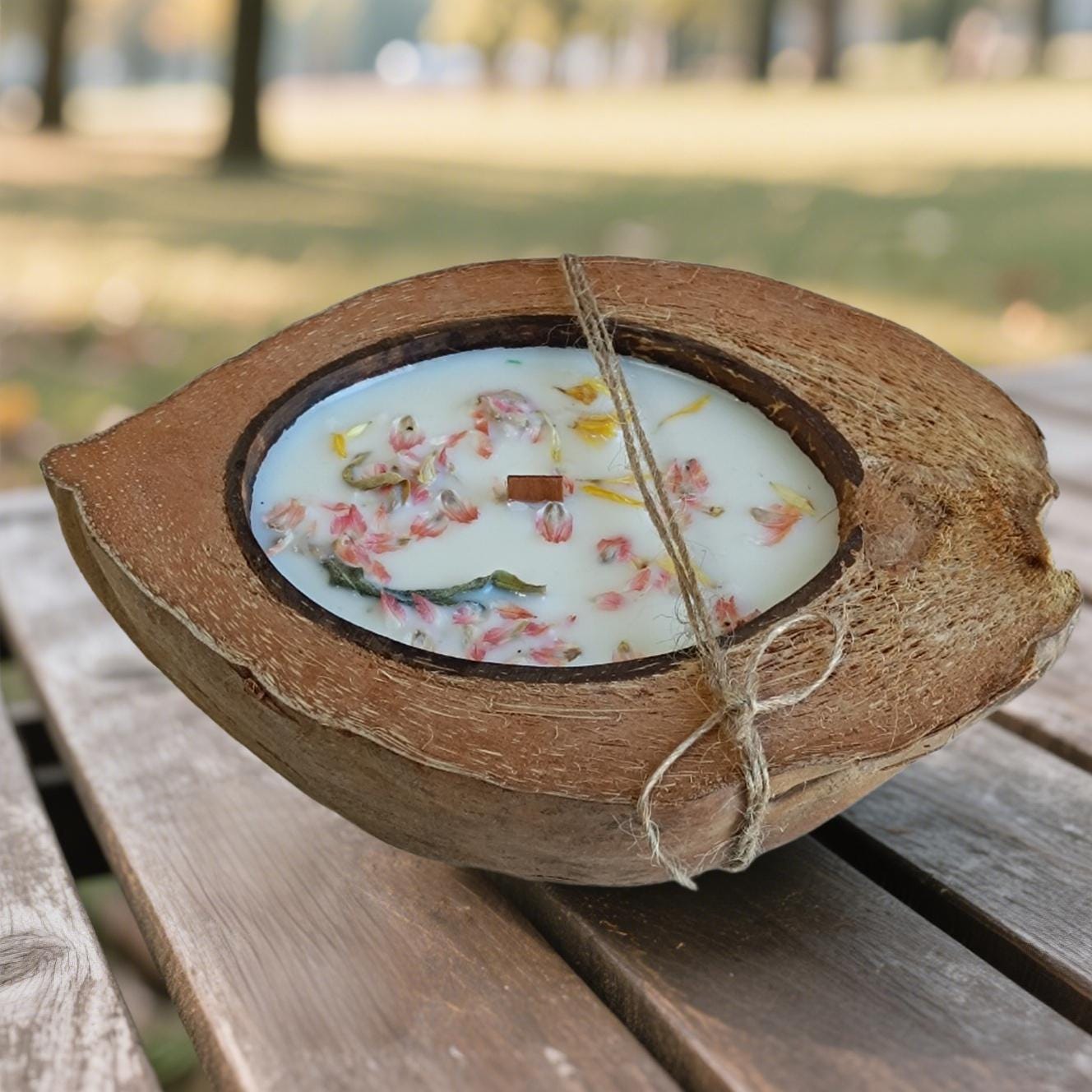 Coconut Wood Dough Bowl Candle: Dried Floral Soy Wax, Wooden Wick, Housewarming Gift
