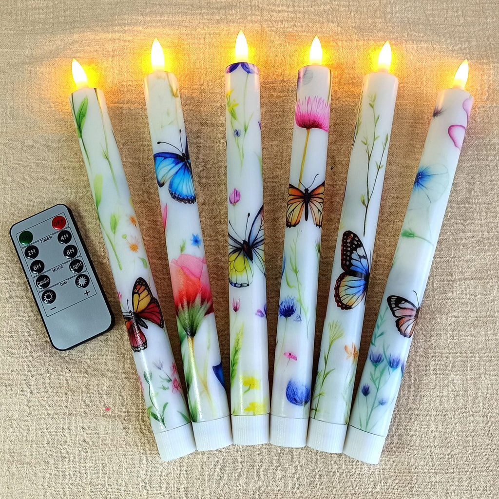 10" Butterfly Flameless Taper Candles 6-Pack Battery Operated LED Gardon Decor Flameless Taper Candle Sticks Flower Home Decor