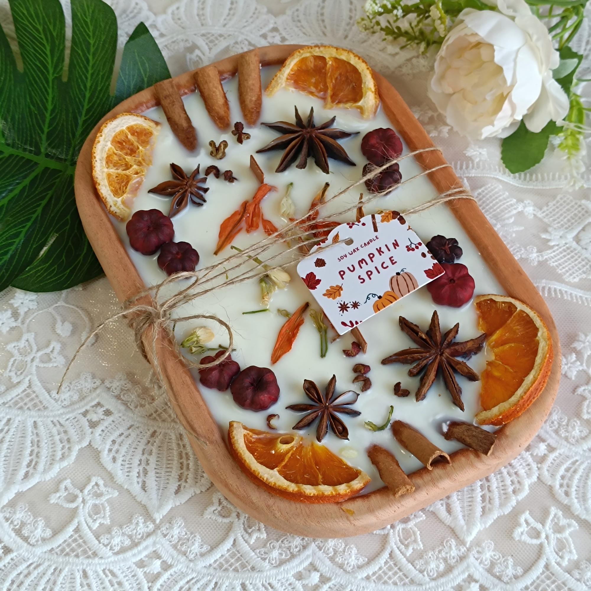 Spice-Decorated Wooden Dough Bowl Scented Candle,3 Wick Container Candle, Three Scents, Autumn Home Decor Christmas Gift
