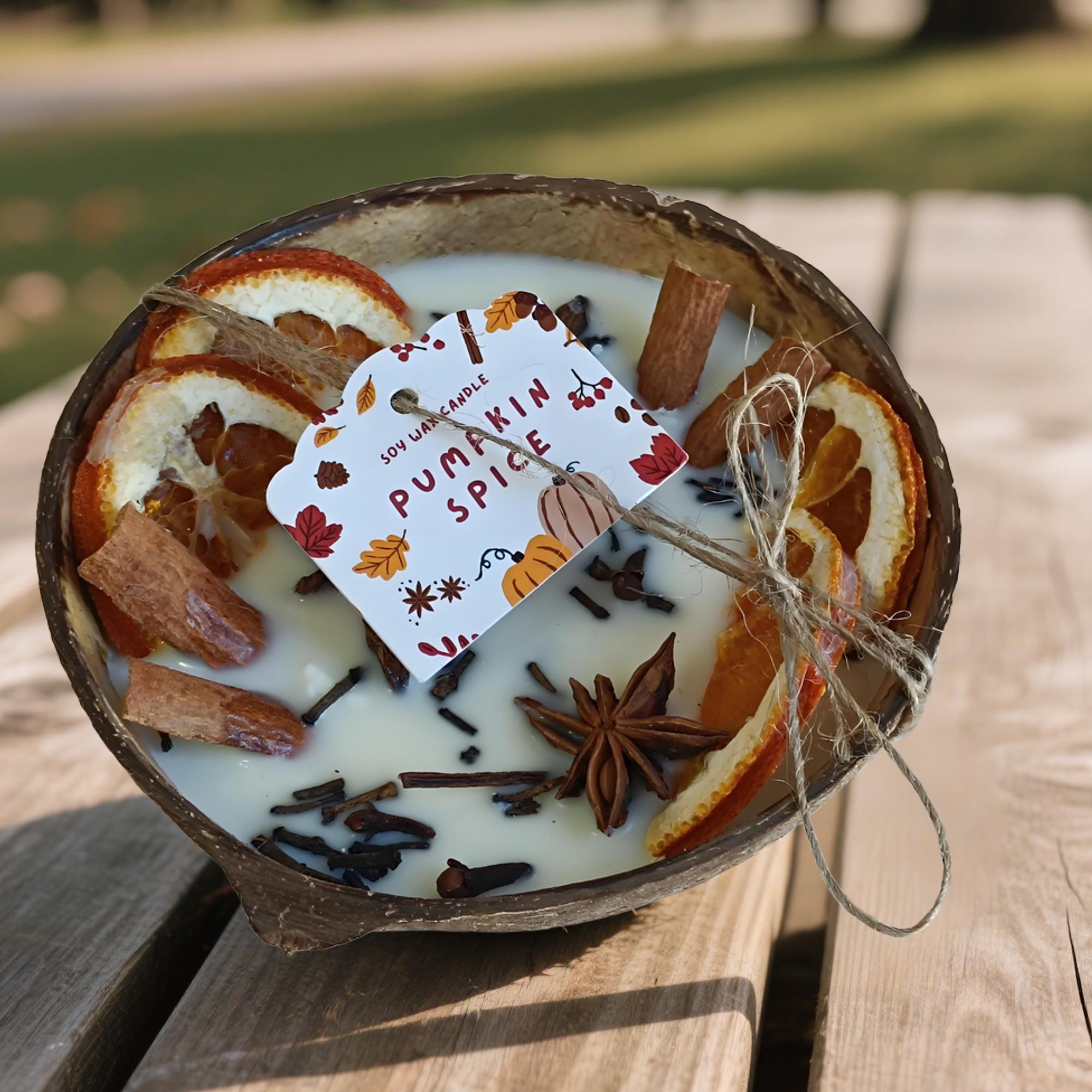 Coconut Shaped Wooden Bowl Candle with Orange Cinnamon | Hand-Poured Soy Wax Wooden Wick Candle | Farmhouse Decor Anniversary Gift