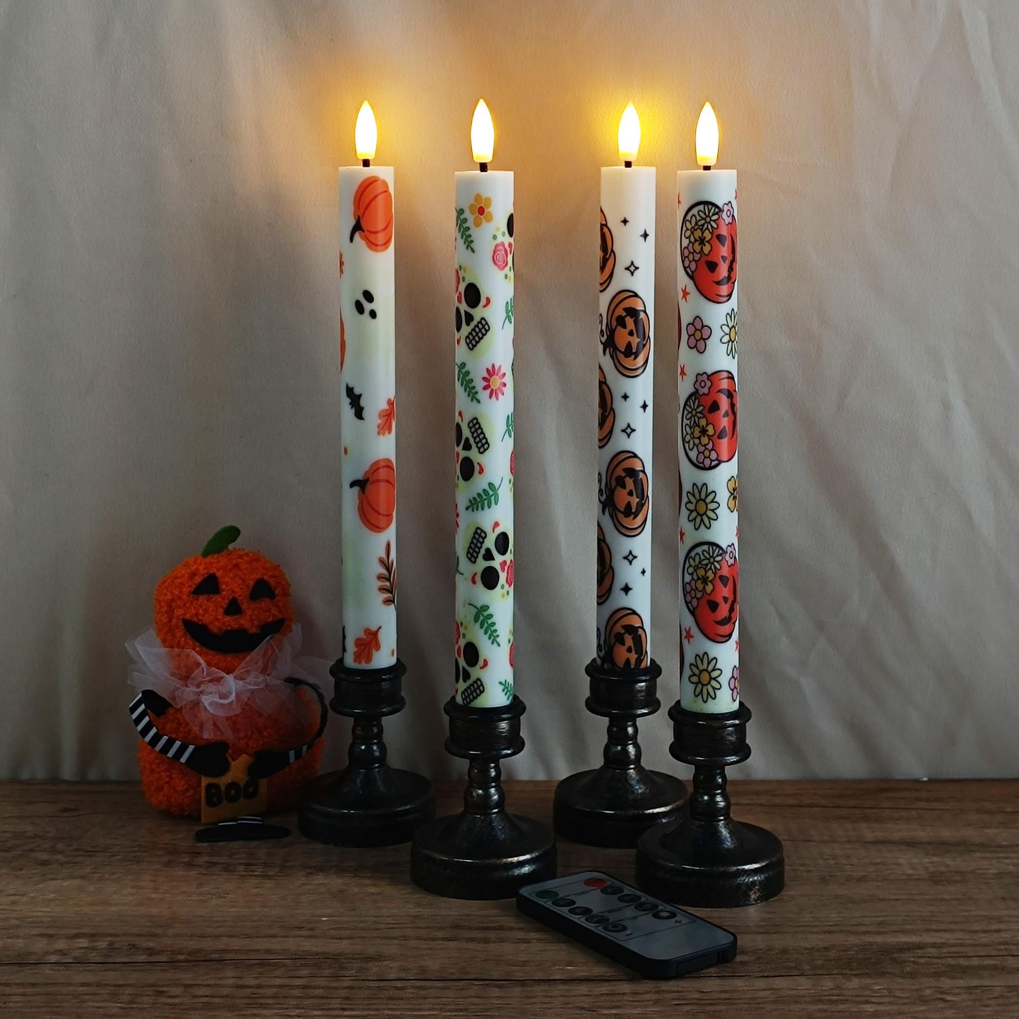 10" Halloween Flameless LED Taper Candles, Battery Timer Candles Pumpkin Skull Candlestick Halloween Party Decor Birthday Gift
