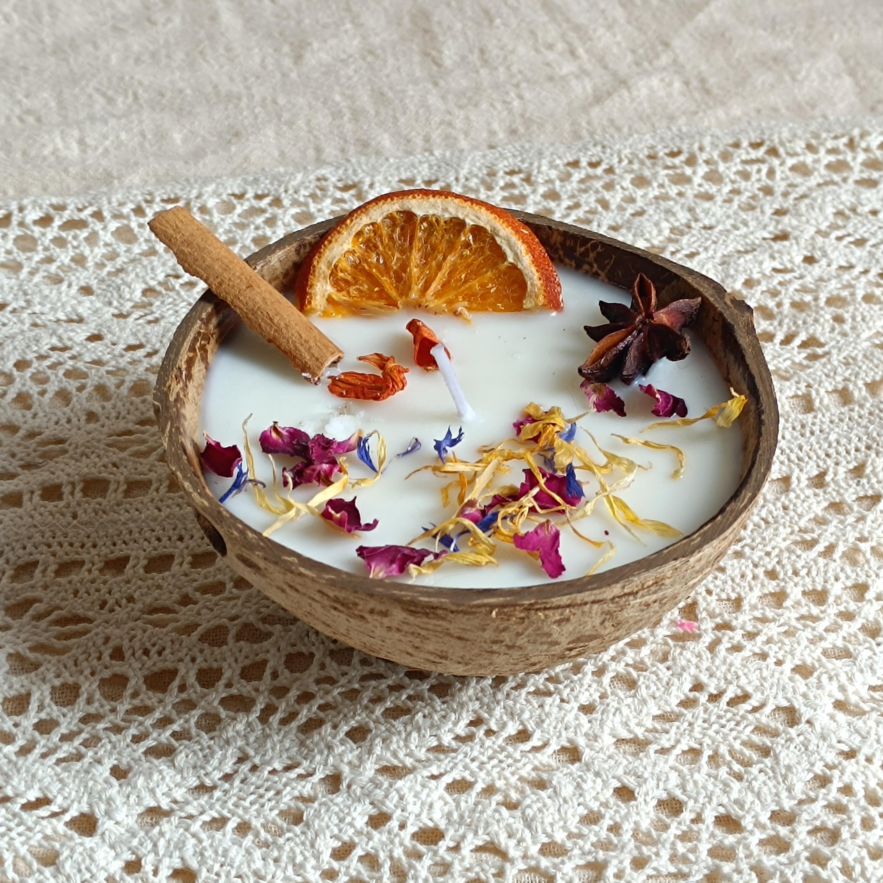 Coconut Shell Bowl Candle, 3 wick cotton Candle, Handmade Orange Scented Soy Wax Candle Home Decor Anniversary Birthday Housewarming gift