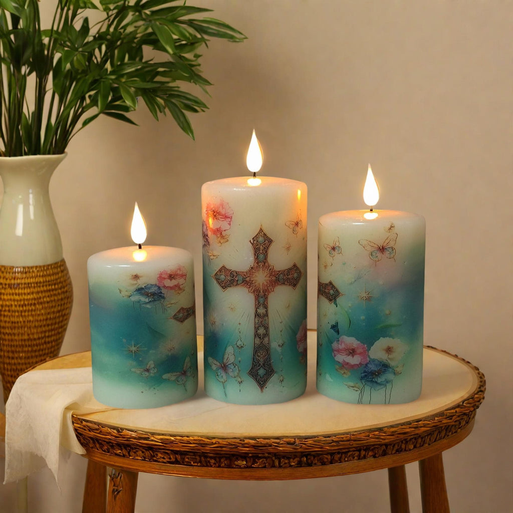 Christian Flameless LED Candle Set of 3, Real Wax, Remote & Timer Battery Powered Pillar Religious Candles Safe Home Decor