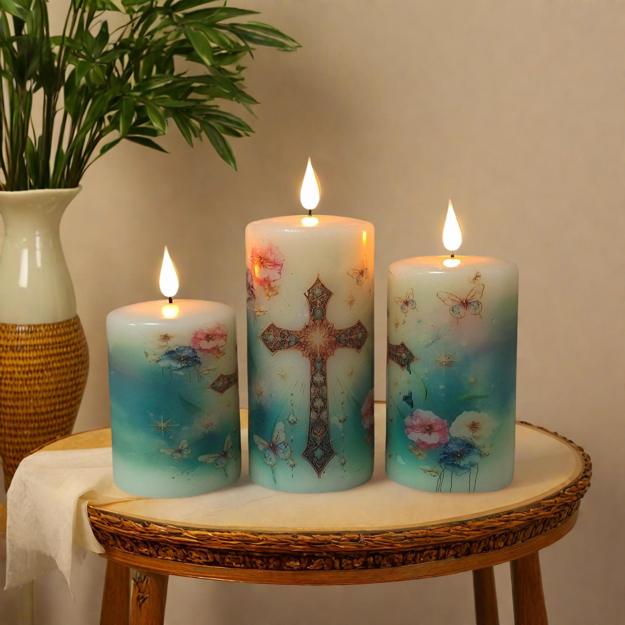 Christian Flameless LED Candle Set of 3, Real Wax, Remote & Timer Battery Powered Pillar Religious Candles Safe Home Decor