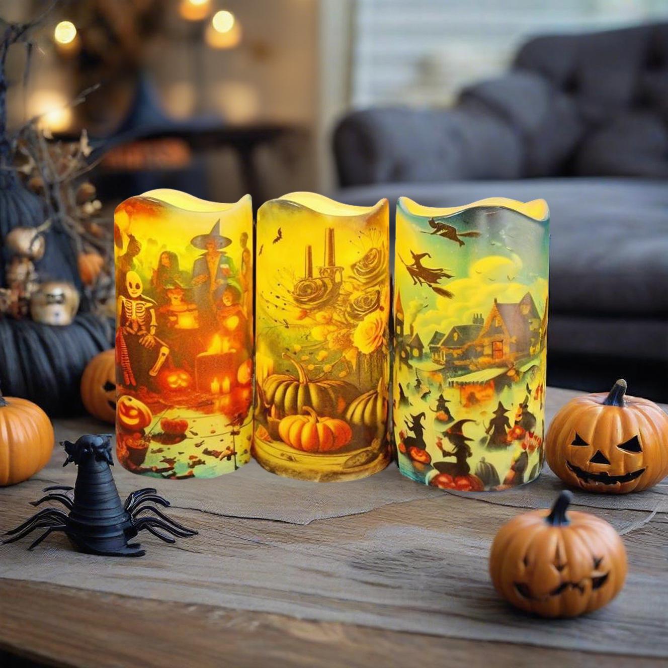 6" Halloween LED Pillar Candle Remote Control & Timer Flickering Flameless Light Spooky Skull Pumpkin Spider Decor