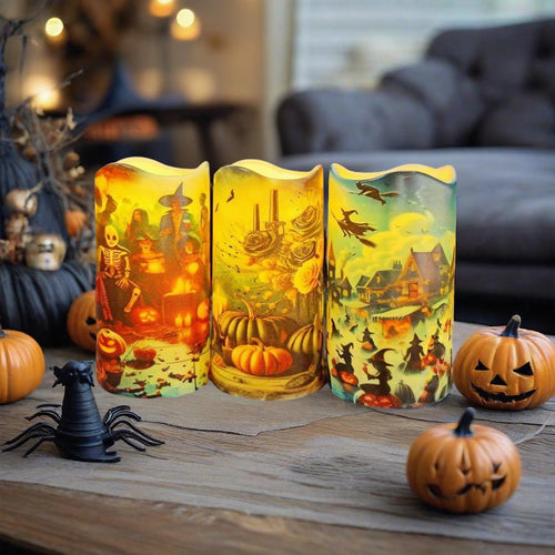 6" Halloween LED Pillar Candle Remote Control & Timer Flickering Flameless Light Spooky Skull Pumpkin Spider Decor