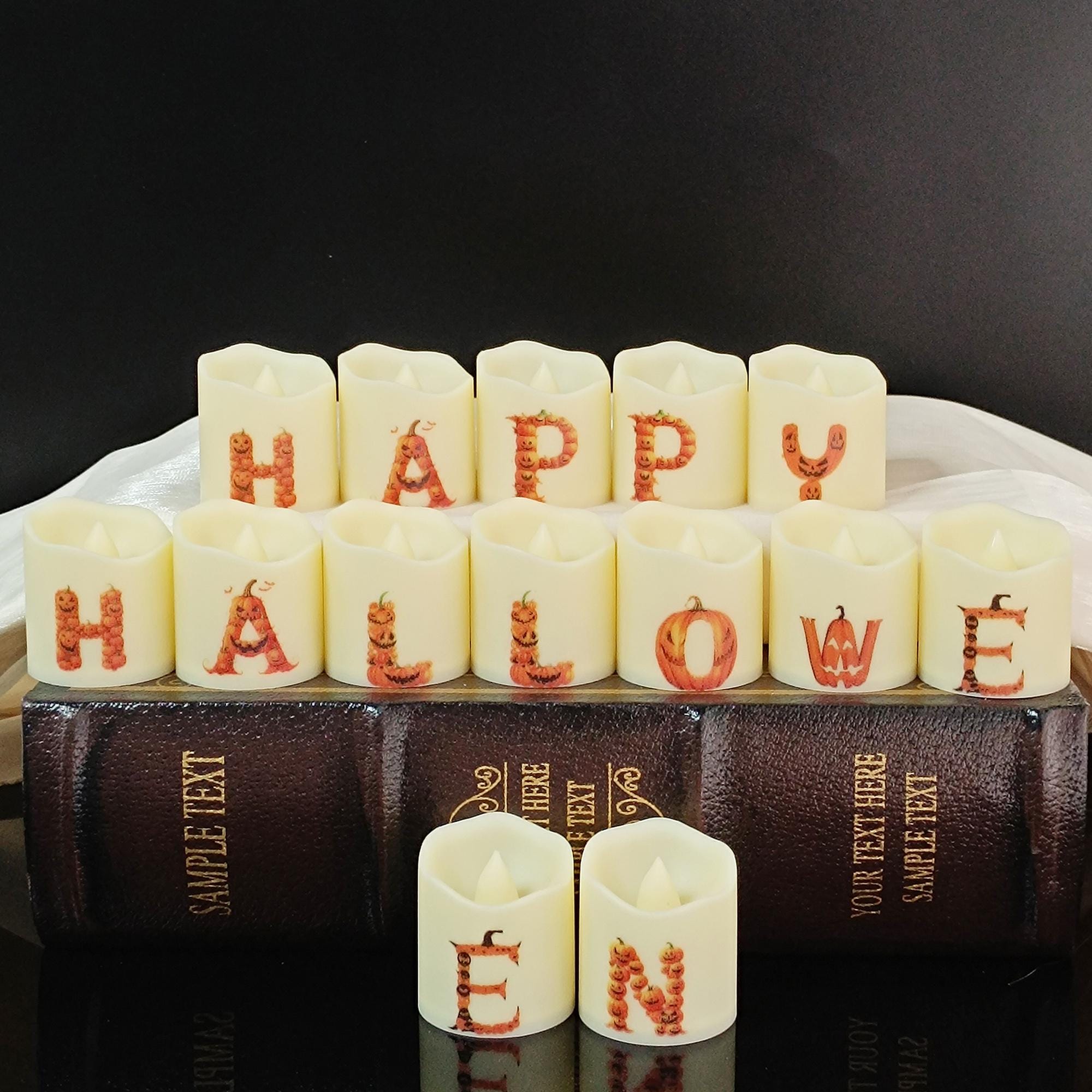 Pumpkin Alphabet LED Tea Lights,14PCS 1.6" Flameless candles for Halloween Party Decor Dinner