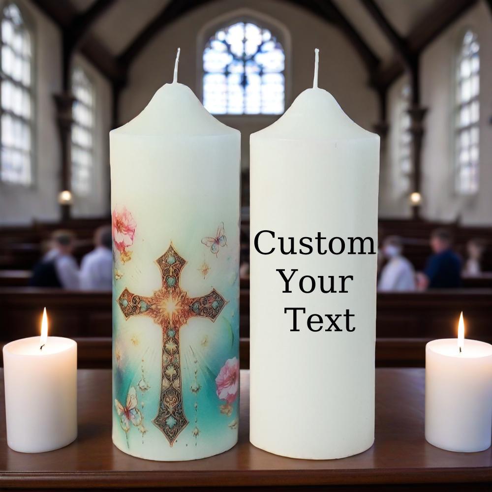 Personalized Baptism Pillar Candle: Christening Keepsake with Cross