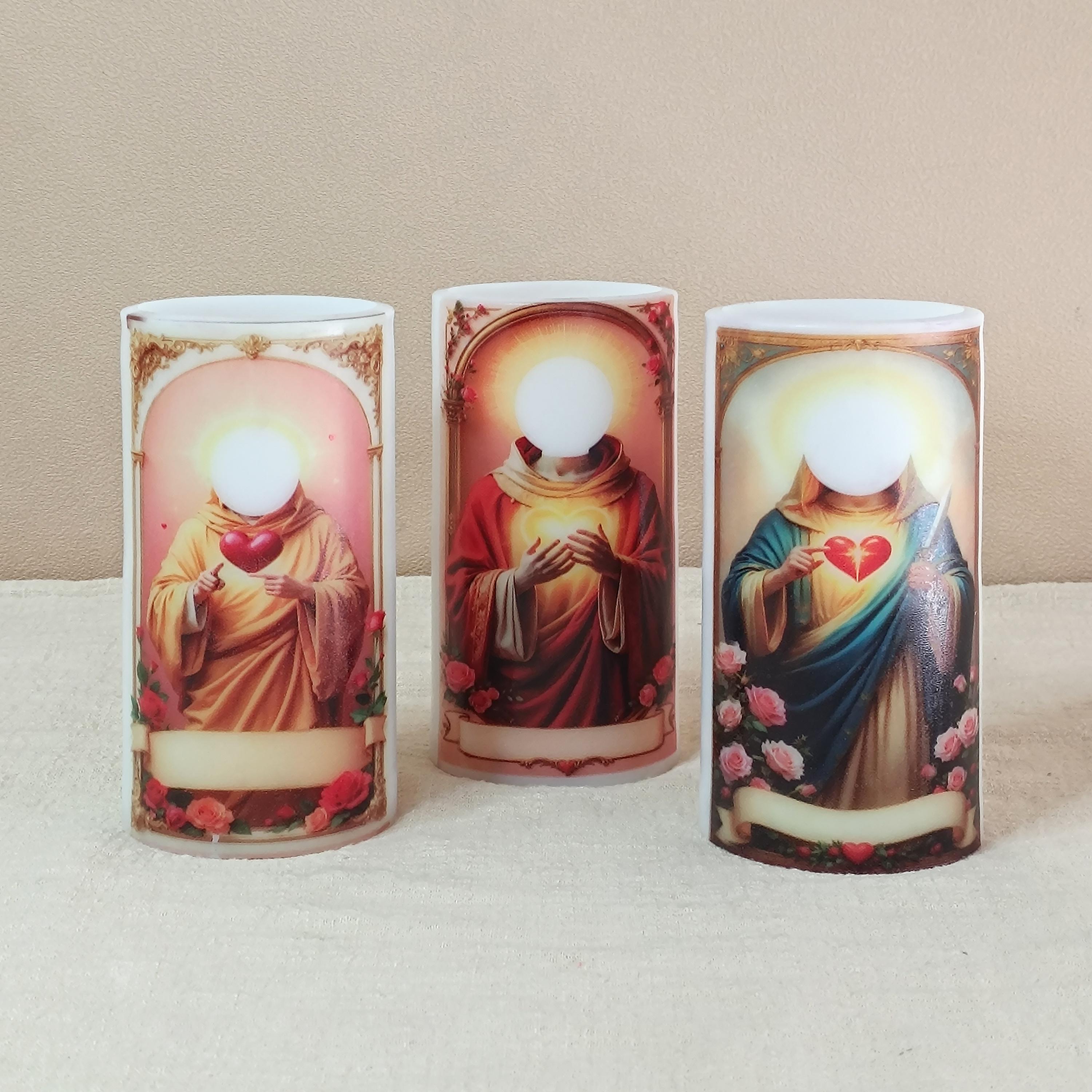 Personalized Saint Flameless LED Candle: Custom Prayer Votive with Remote