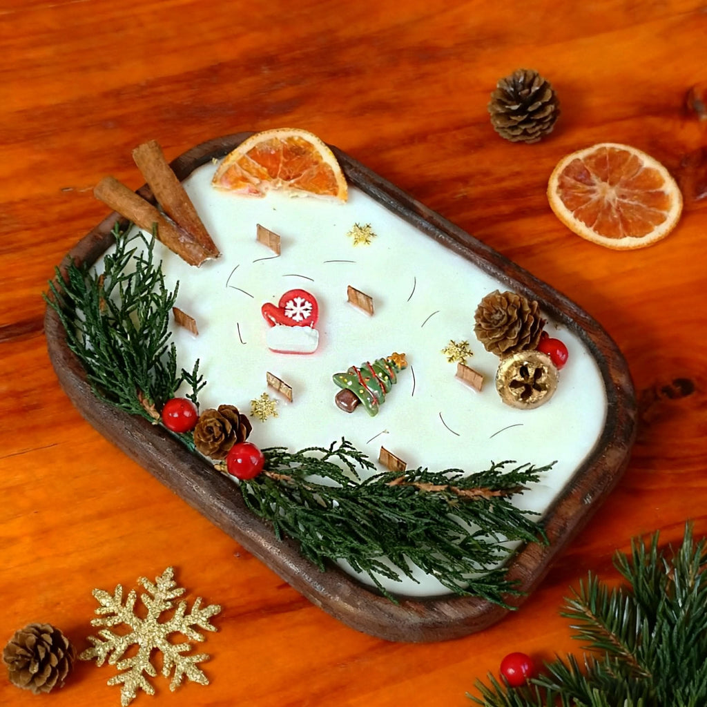 Spice-Decorated Wooden Dough Bowl Scented Candle,6 Wick Container Candle,,Christmas Decor Christmas Gift,Custom Gifts