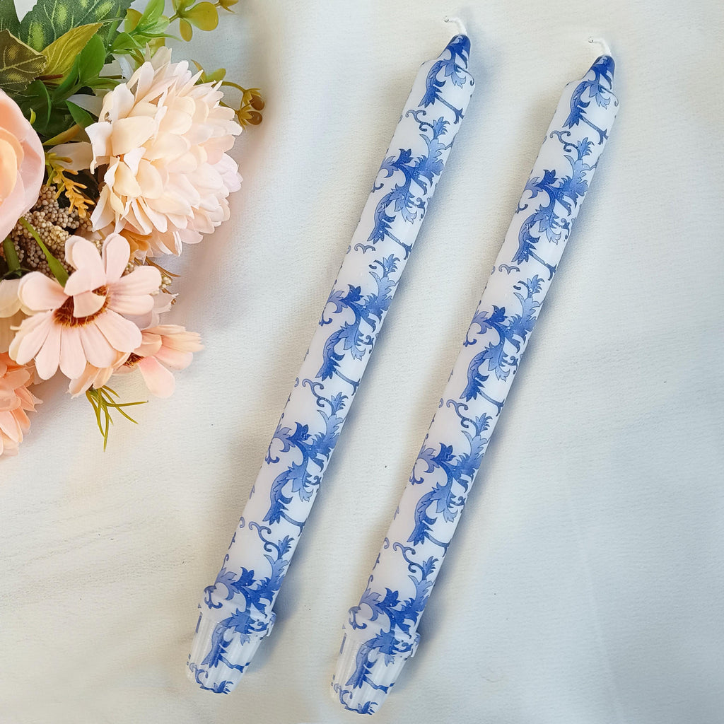 Spiral Candle Sticks Printed Taper Candlestick,2PC Blue Flower Tapered Candle ,Valentine's Gift,Dinner Decor,blue and white Taper Candle