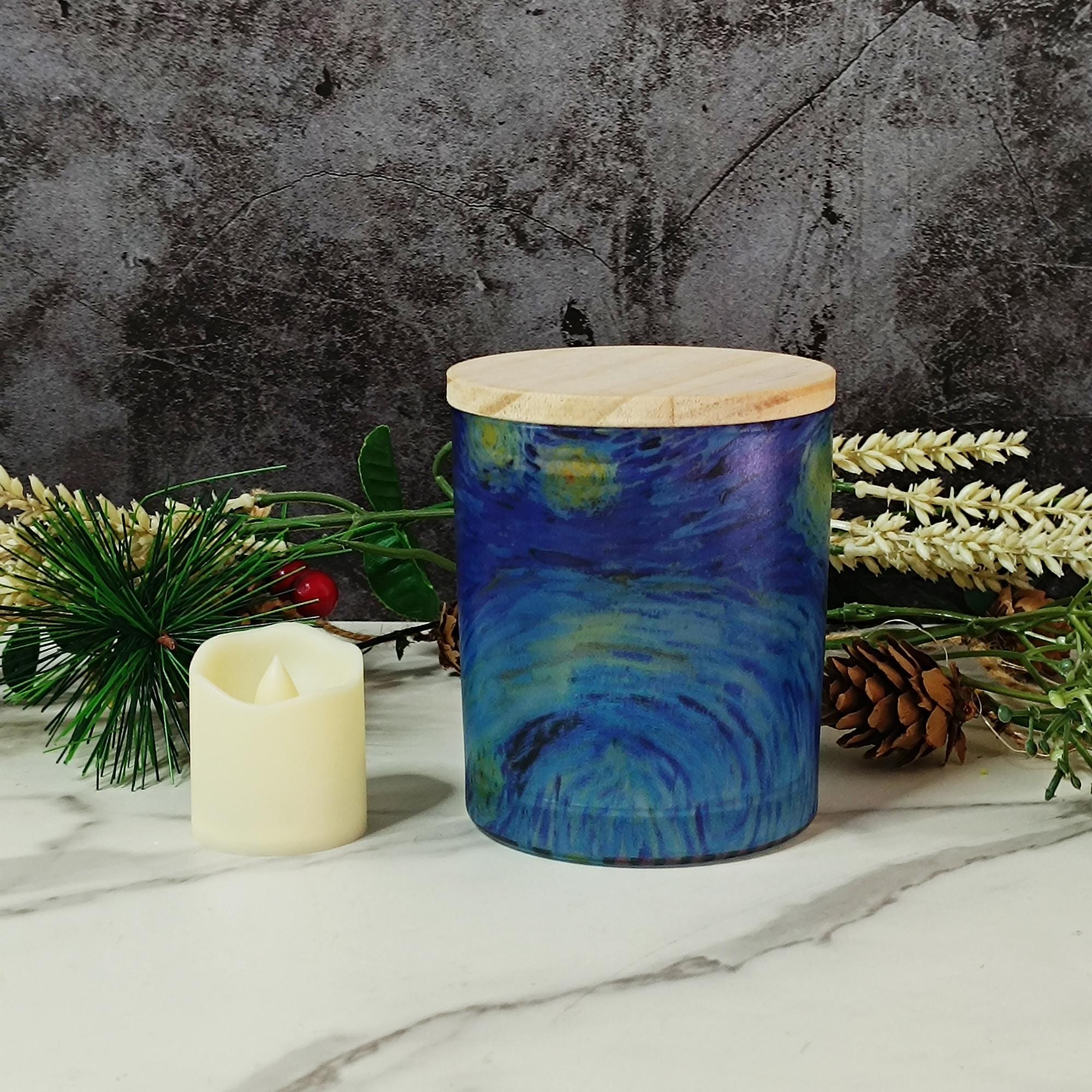 Van Gogh Starry Night Bamboo Lid Lamp | Swirling Sky Night Light | Artistic Decorative Candle Light Home Decor