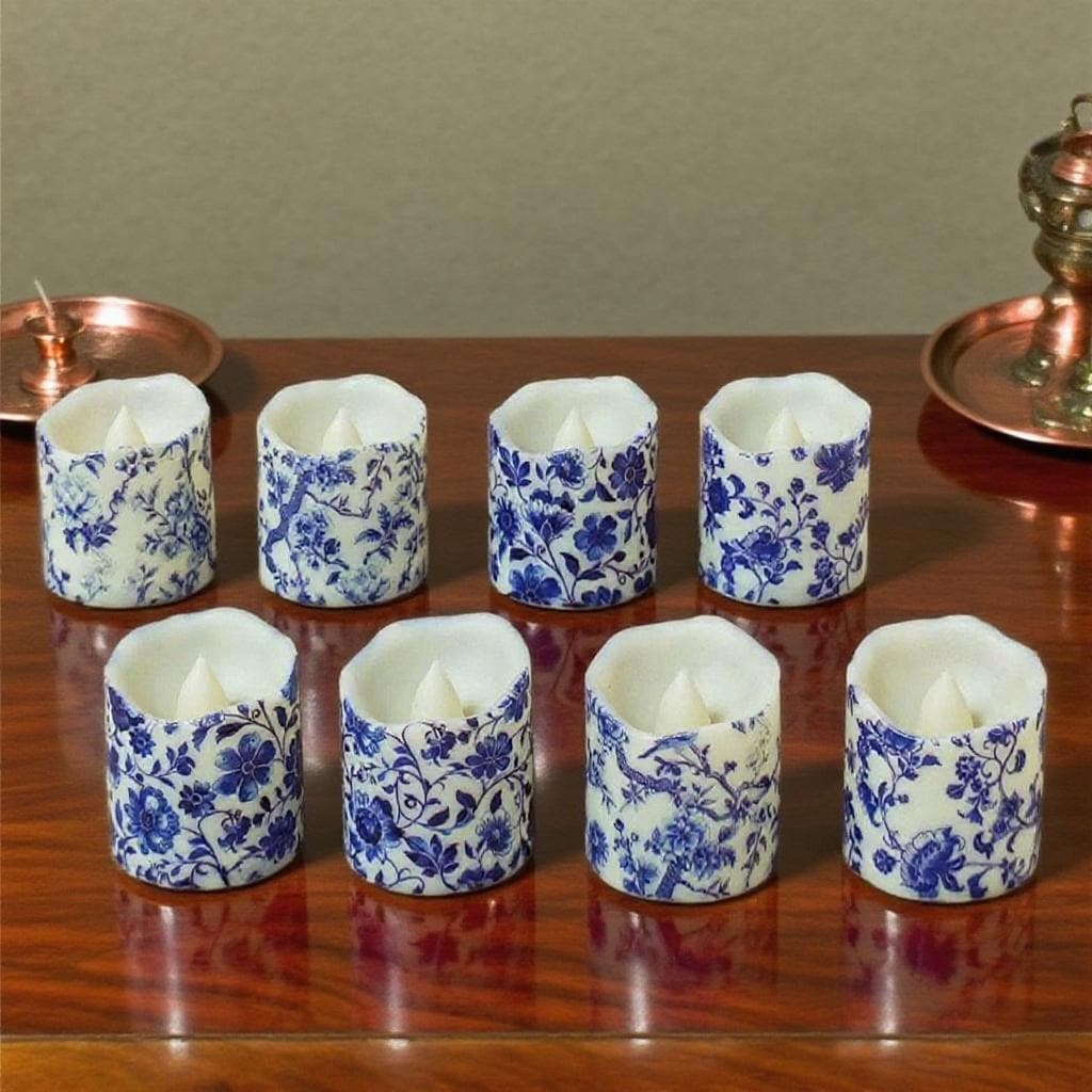200Hrs Blue and white Porcelain Tea Light,Flameless Flickering Elegant Vintage Candles for Dinner Wedding Home Decor