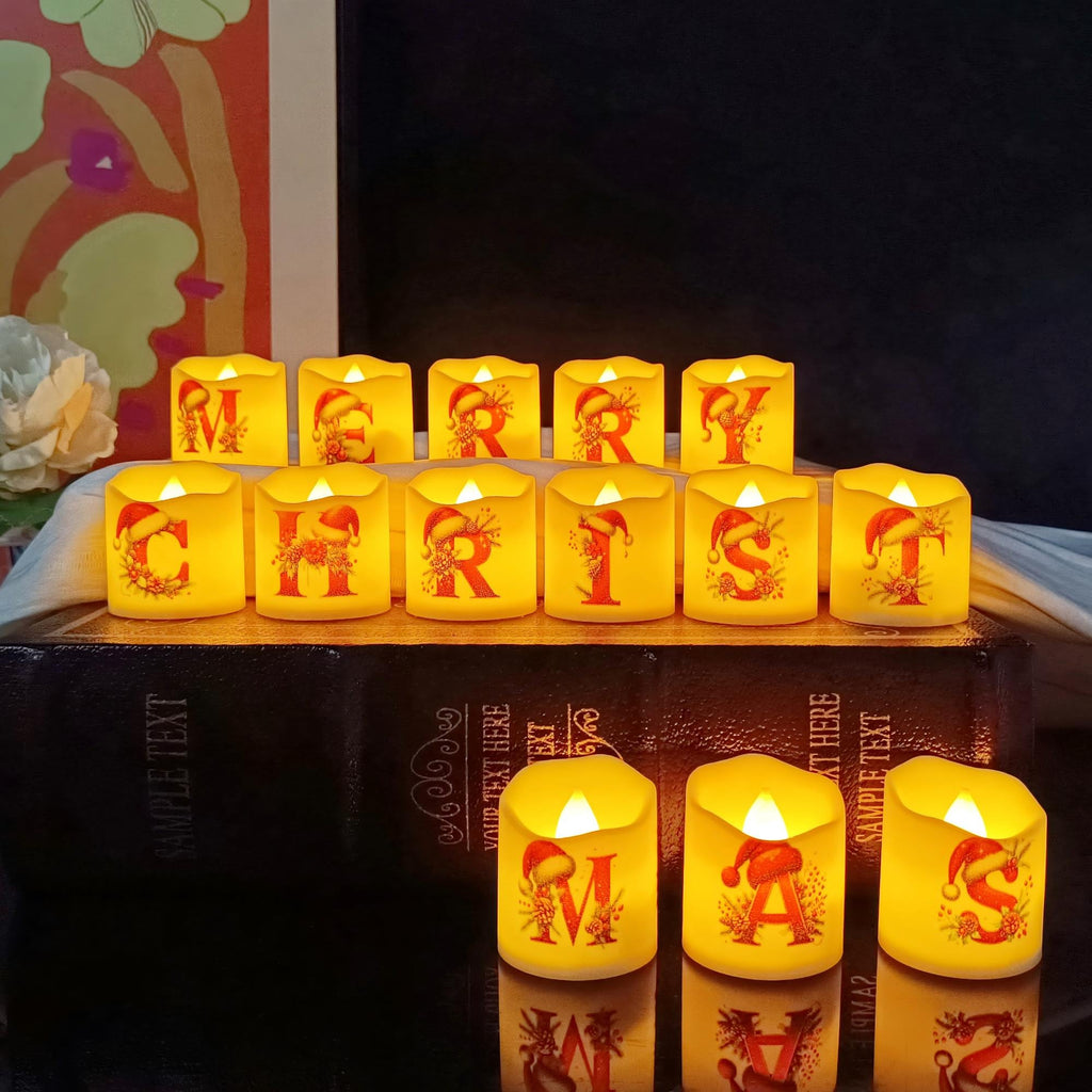 Christmas Tree Alphabet Tea Lights 14 PC Set with Batteries, Red Green Flameless Tealight Candles Decor Christmas Gift