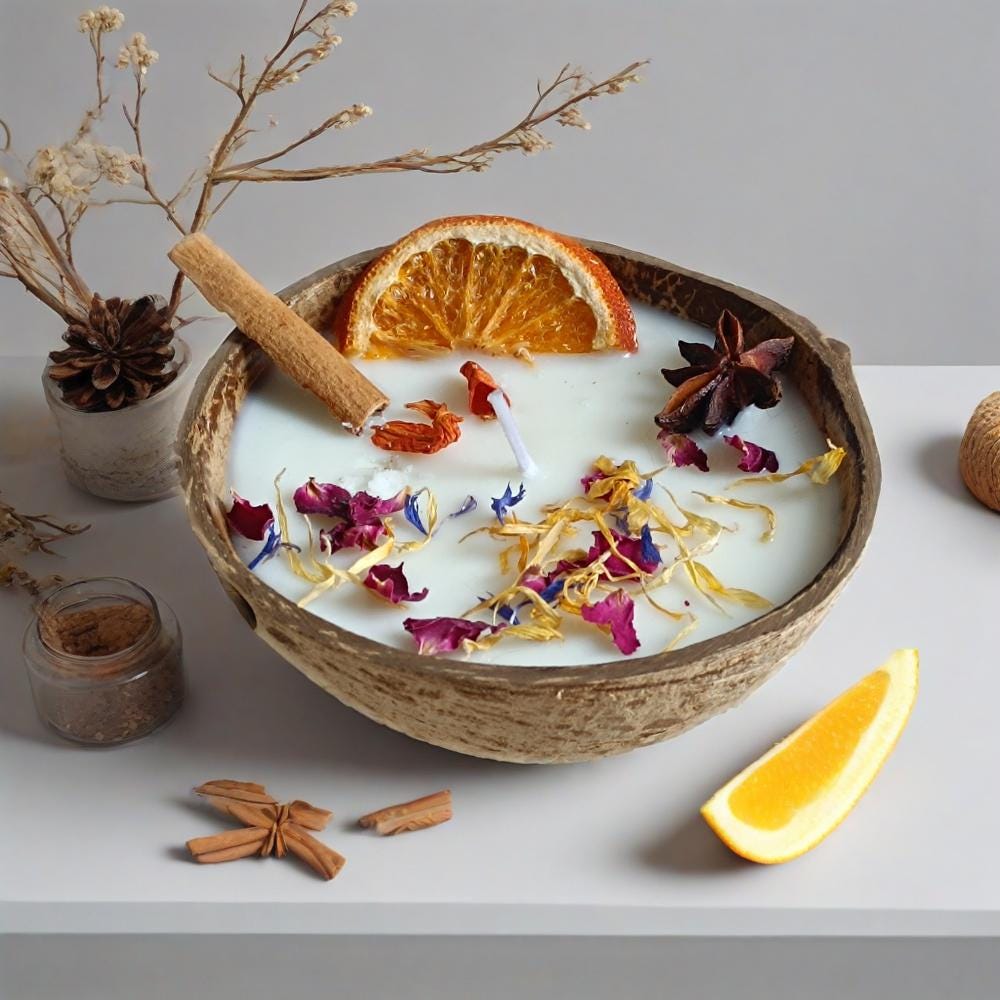 Coconut Shell Bowl Candle, 3 wick cotton Candle, Handmade Orange Scented Soy Wax Candle Home Decor Anniversary Birthday Housewarming gift