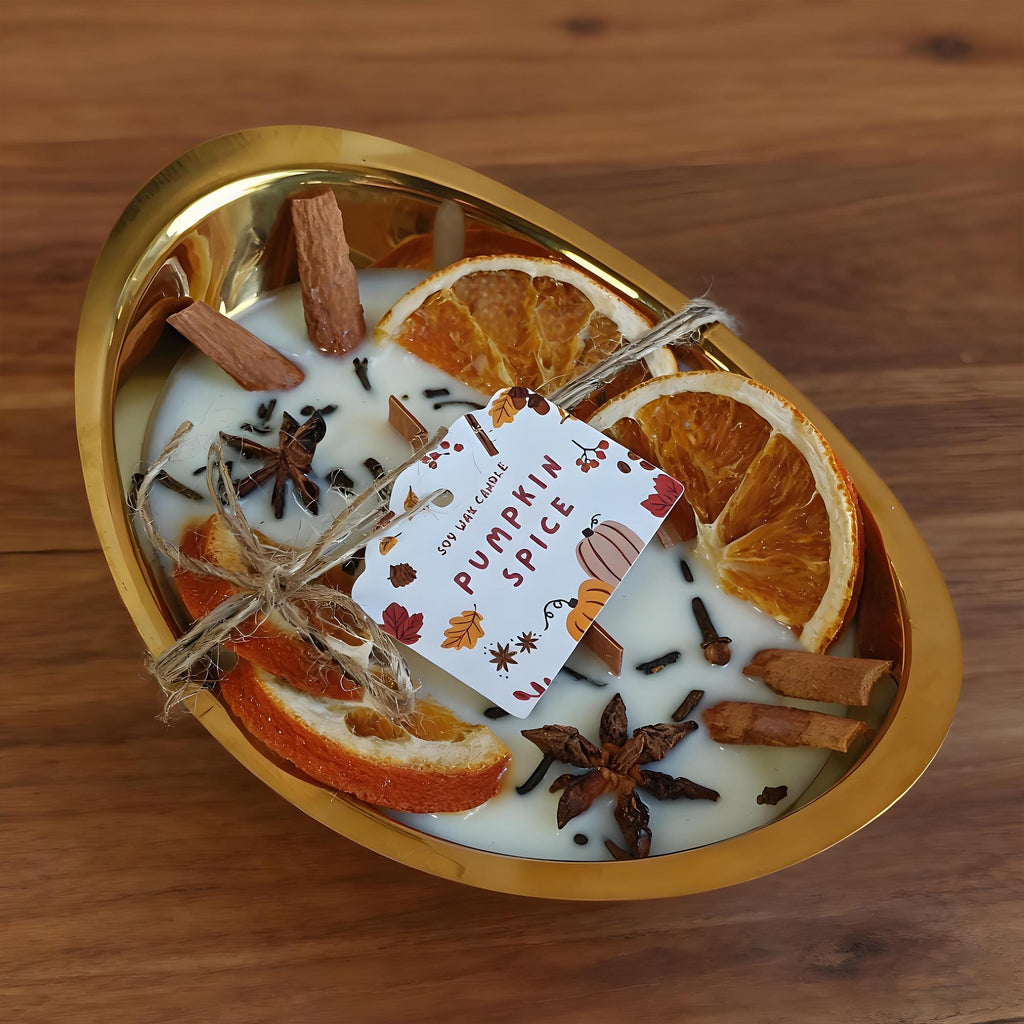 Orange Cinnamon Pumpkin Soy Candle, 3 Wood Wick Candle in Gold Tray, Handmade Halloween & Autumn Scent, Thanksgiving, Cozy Home Gift
