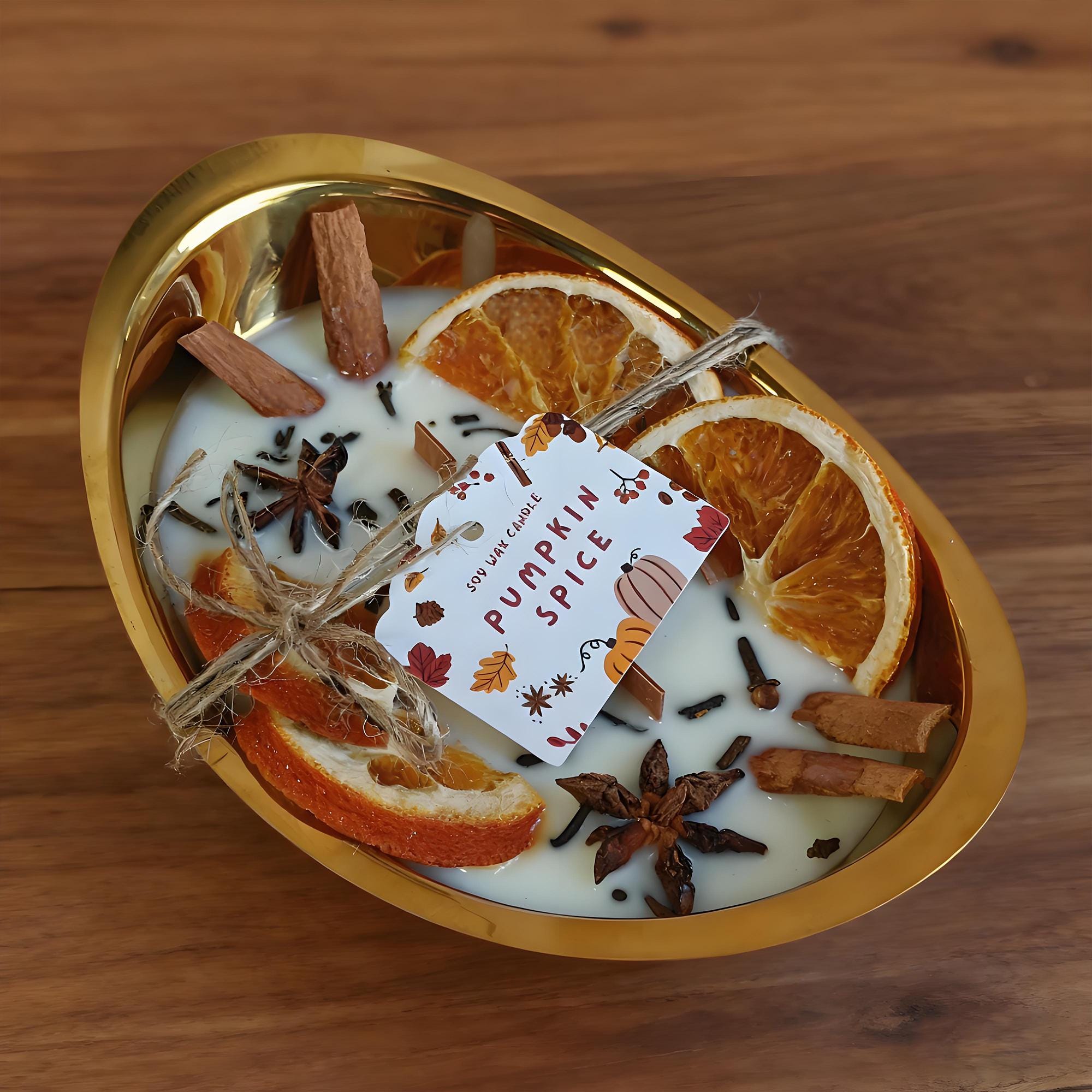Orange Cinnamon Pumpkin Soy Candle, 3 Wood Wick Candle in Gold Tray, Handmade Halloween & Autumn Scent, Thanksgiving, Cozy Home Gift