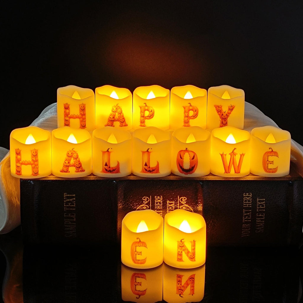 Pumpkin Alphabet LED Tea Lights,14PCS 1.6" Flameless candles for Halloween Party Decor Dinner