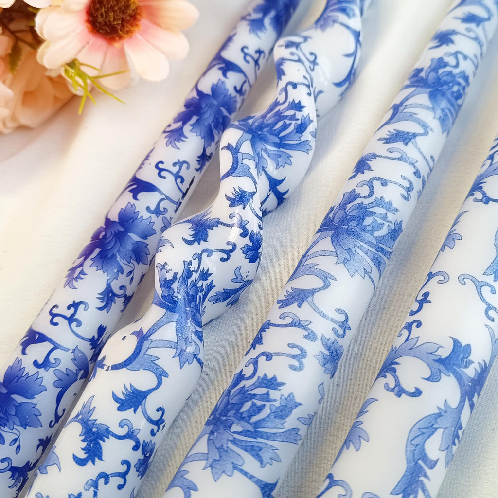 Spiral Candle Sticks Printed Taper Candlestick,2PC Blue Flower Tapered Candle ,Valentine's Gift,Dinner Decor,blue and white Taper Candle