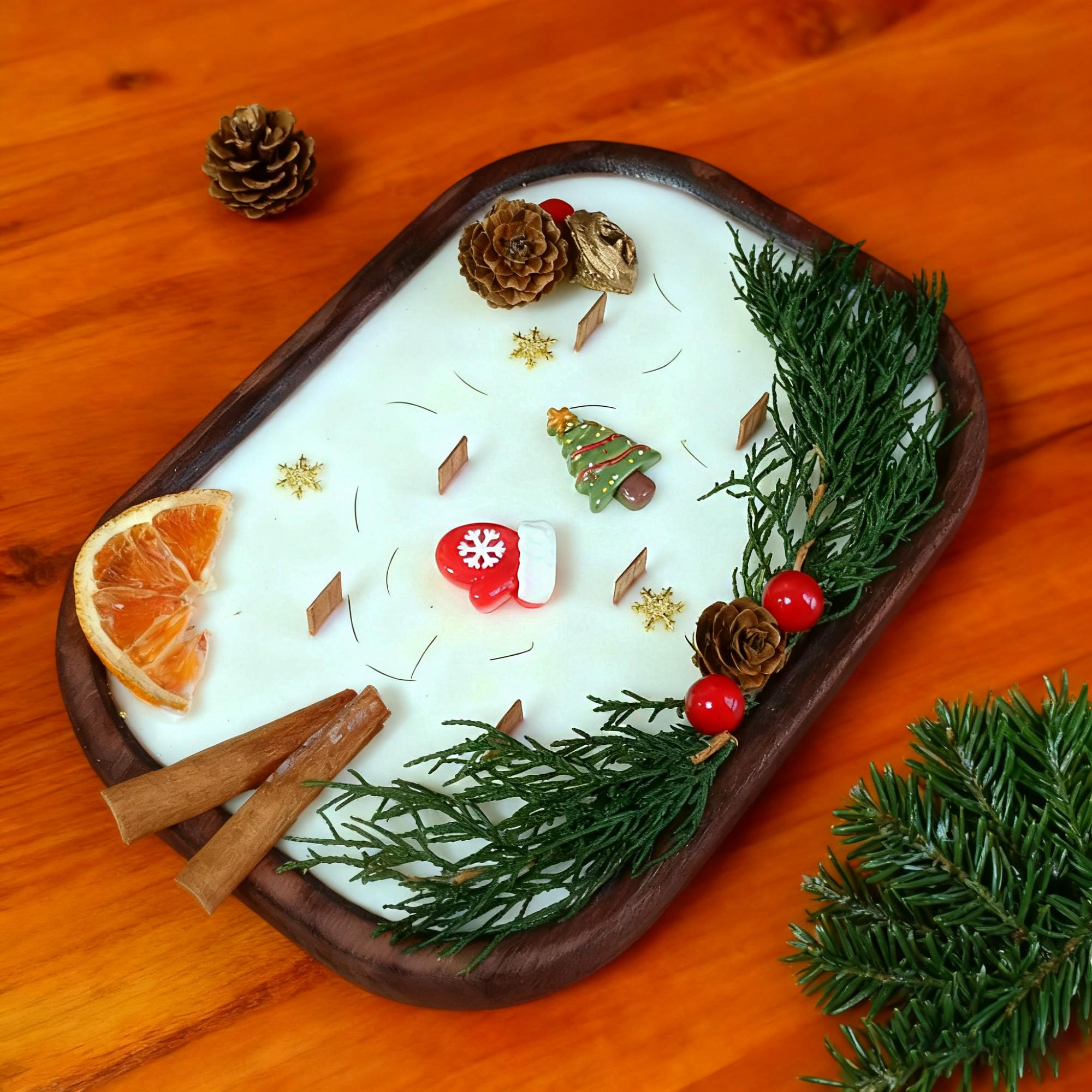 Spice-Decorated Wooden Dough Bowl Scented Candle,6 Wick Container Candle,,Christmas Decor Christmas Gift,Custom Gifts