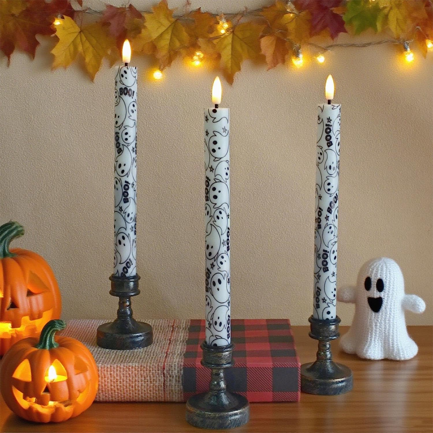 10" Tall Halloween LED Ghost Face Taper Candles with Remote Control, Timer, Flickering, Flameless & Safe Halloween Decor 3PCS