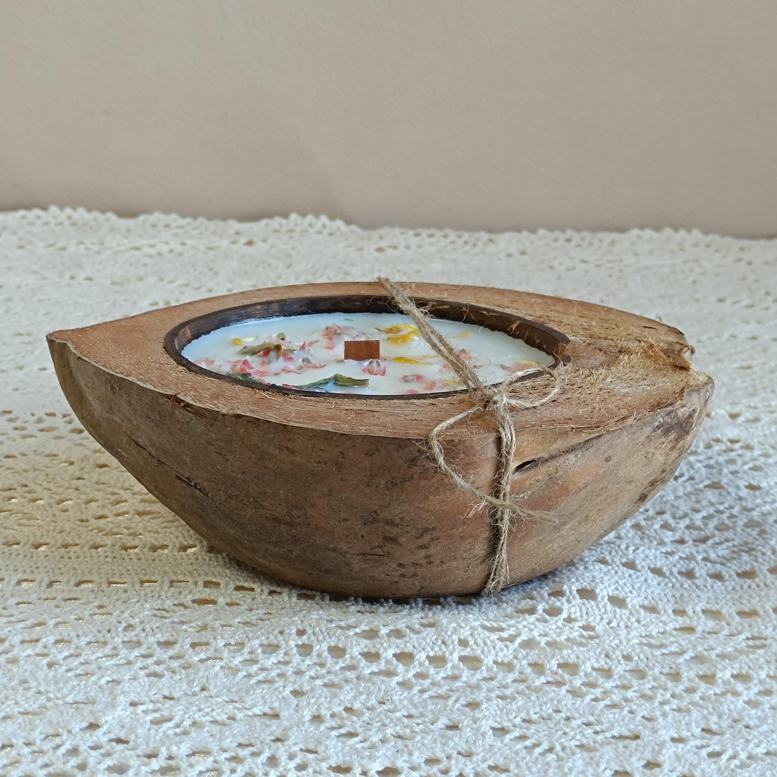 Coconut Wood Dough Bowl Candle: Dried Floral Soy Wax, Wooden Wick, Housewarming Gift