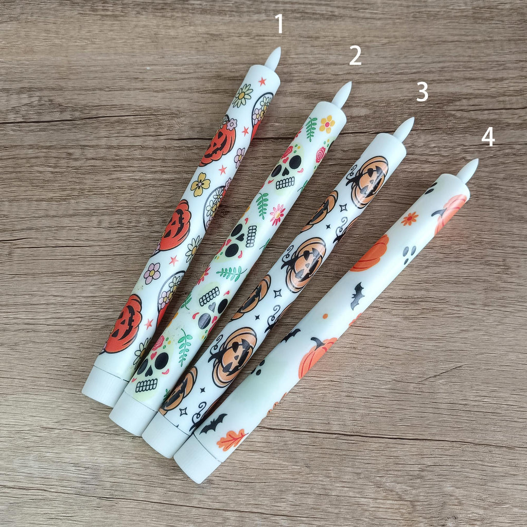 10" Halloween Flameless LED Taper Candles, Battery Timer Candles Pumpkin Skull Candlestick Halloween Party Decor Birthday Gift