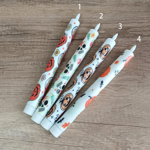10" Halloween Flameless LED Taper Candles, Battery Timer Candles Pumpkin Skull Candlestick Halloween Party Decor Birthday Gift