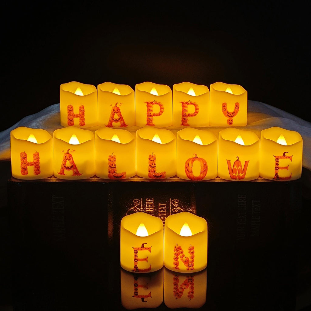 Pumpkin Alphabet LED Tea Lights,14PCS 1.6" Flameless candles for Halloween Party Decor Dinner