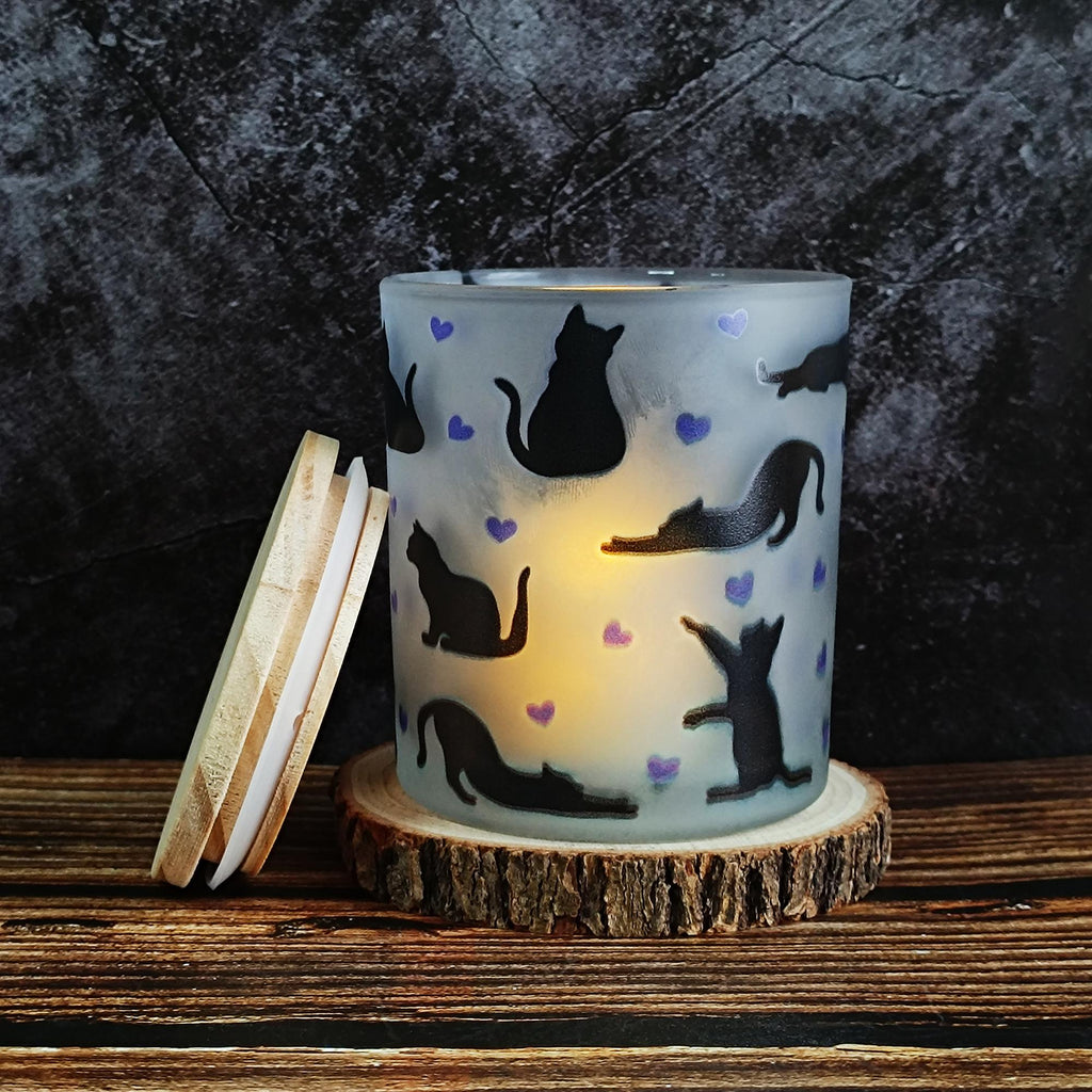 Cat Silhouette Frosted Glass Night Light | Bamboo Lid Tea Lamp | Flameless Tea Light Candles | Pet Lover's Decor Home Decor