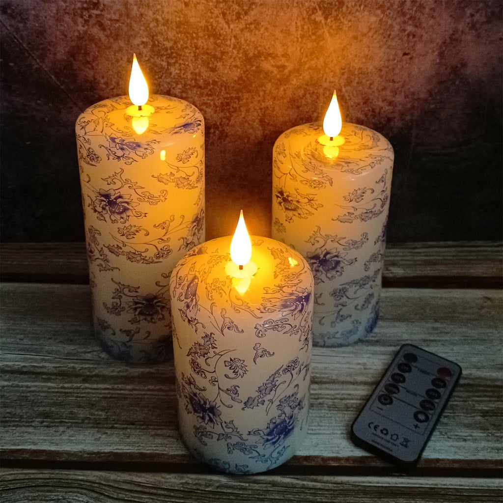 Blue And White Floral Printed Flameless Candles,Led Taper Candles,Flickering Flameless Candles,Battery Operated Candles,Housewarming Gift