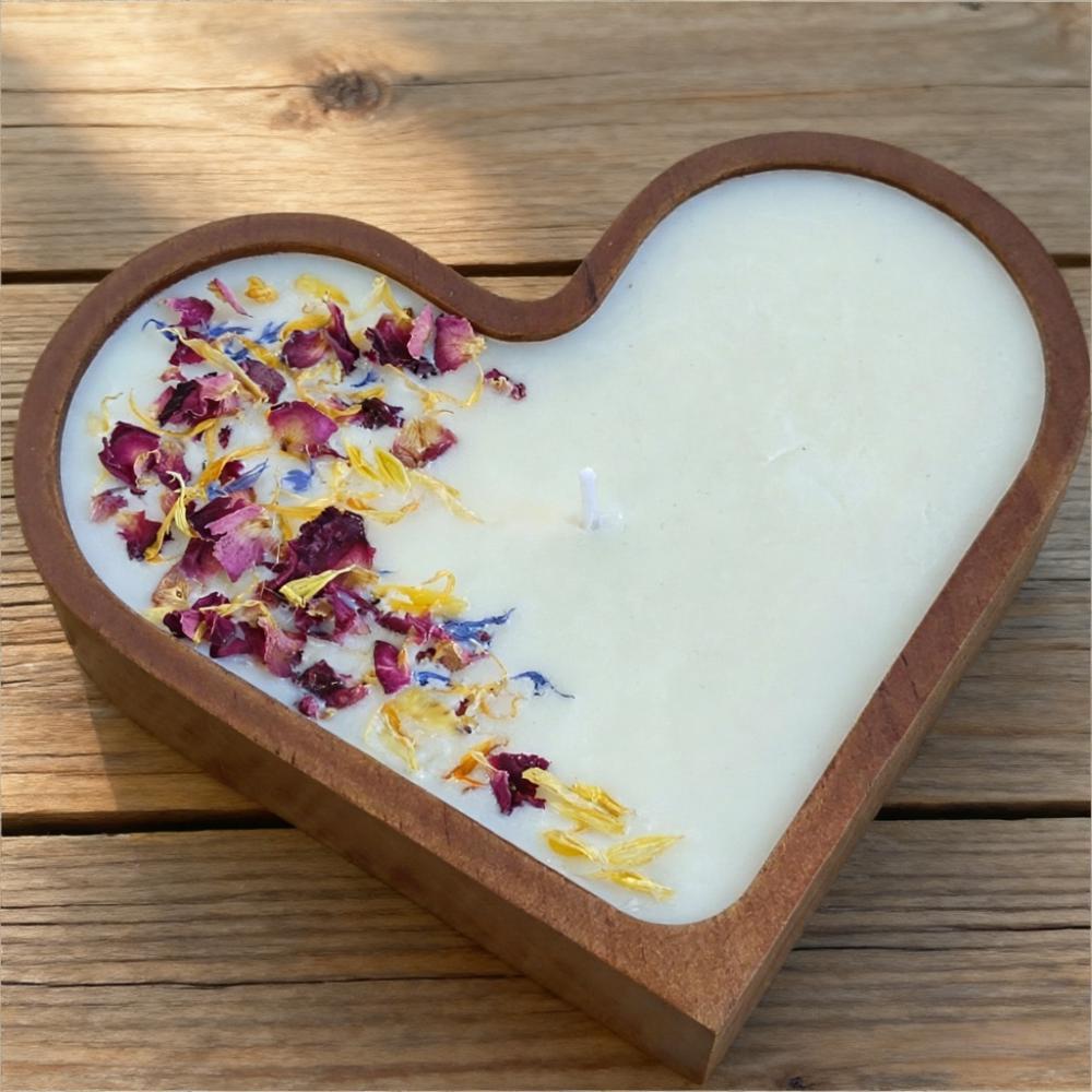 Heart Shaped Dough Wooden Bowl Candle with Dried Rose Hand-Poured Soy Wax / Farmhouse décor / Anniversary | Mothers Day Gift for Her