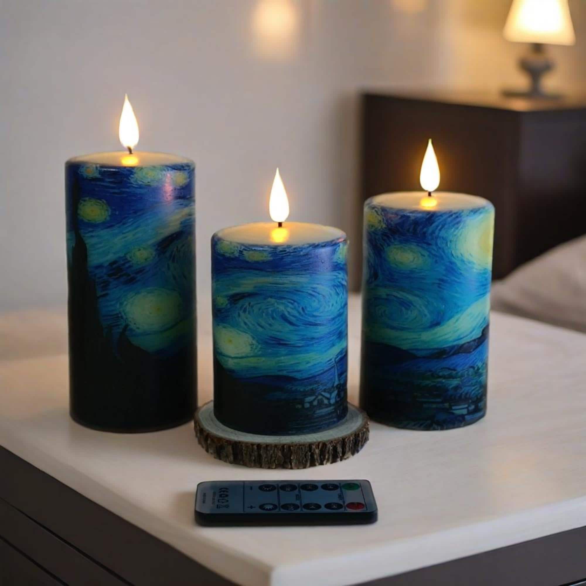 Van Gogh Starry Night Flameless Candles Set of 3,Real Wax Remote Control&Timer LED Candle,Battery Operated Pillar Candles for Christmas Gift