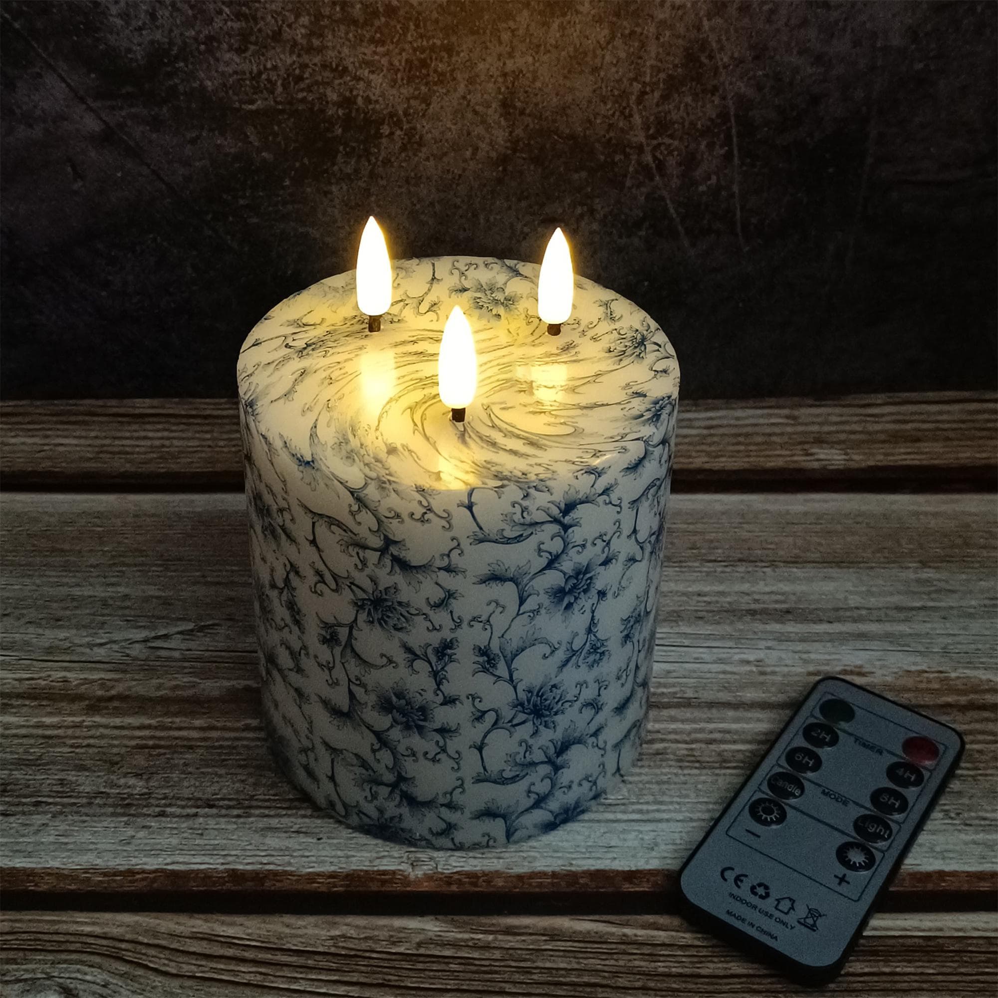 3 Wick Blue And White Floral Printed Flameless Candles,Flickering Flameless Candles,Battery Operated Candles,Housewarming Gift