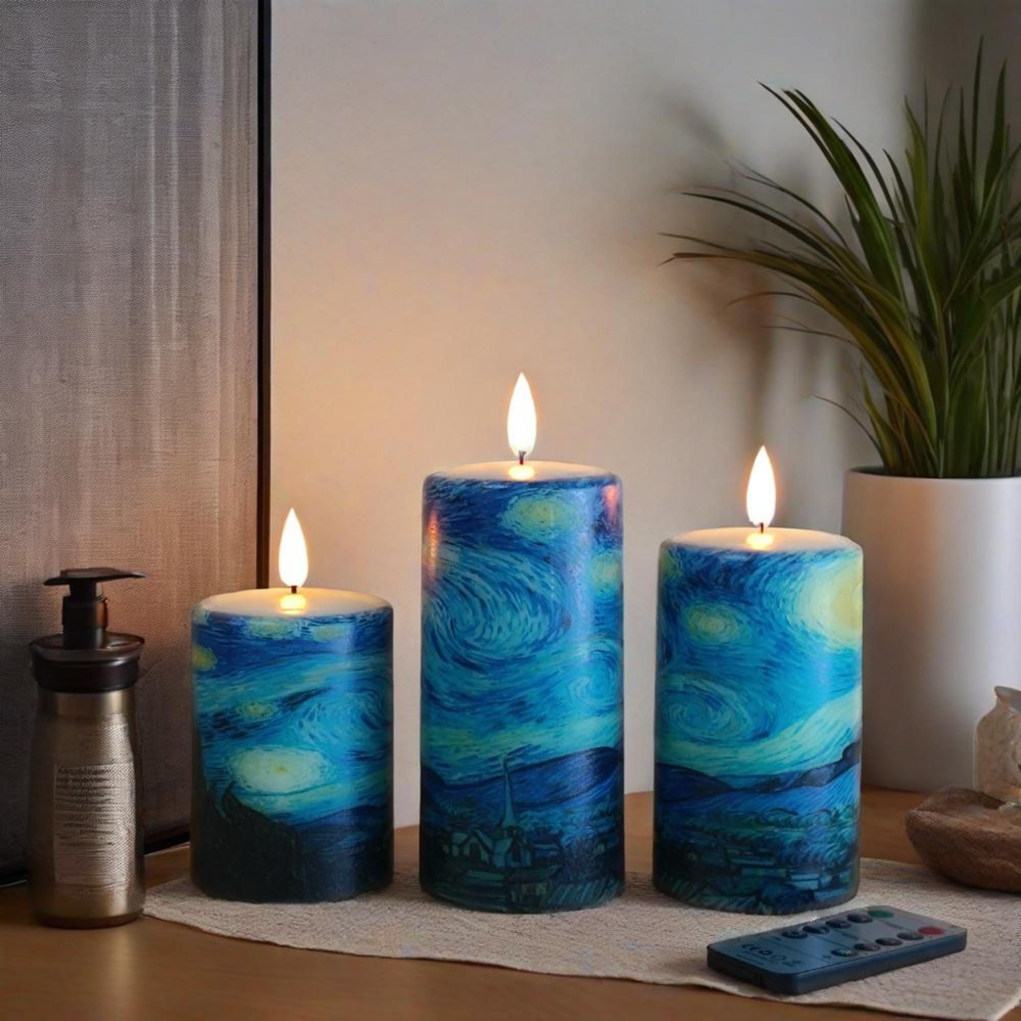 Van Gogh Starry Night Flameless Candles Set of 3,Real Wax Remote Control&Timer LED Candle,Battery Operated Pillar Candles for Christmas Gift